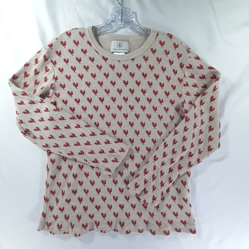 Knotty Woodpecker Red Rooster Print Waffle Knit Thermal Shirt Pajama Women XL